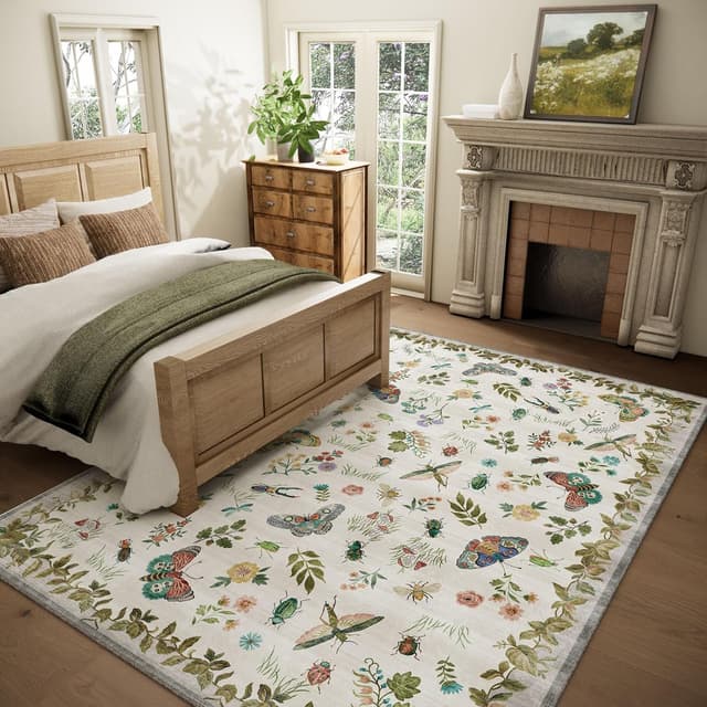 Detalle de Washable 9x12 Area Rug for Living Room, Low Pile Vintage Style (Stain-Resistant, Non-Slip)