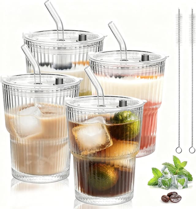 Detalle de YupURStyle 13oz ribbed glass tumbler set (4 pack) with straw and leakproof lid, insulated-style travel cup for iced drinks