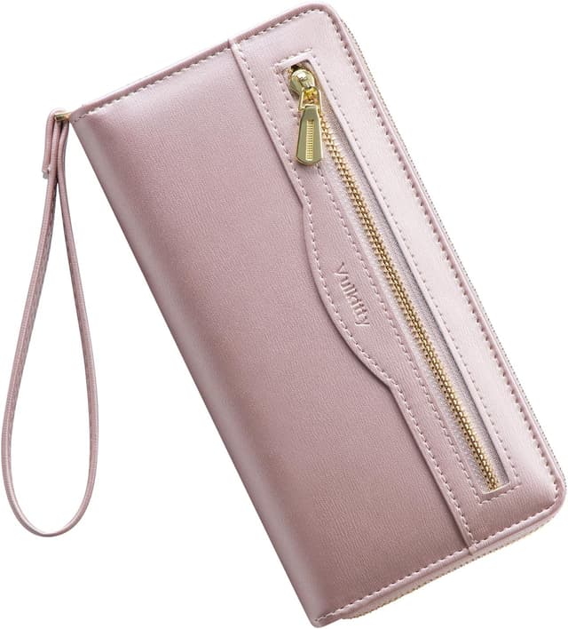 Detalle de Vulkitty grand portefeuille RFID pour femme en cuir végane rose brillant avec dragonne
