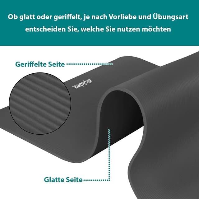 Detalle de ALPIDEX Yogamatte 183 x 60 x 0,8 cm (phthalatfrei) mit Tragegurt – rutschfest für Yoga, Pilates & Gymnastik