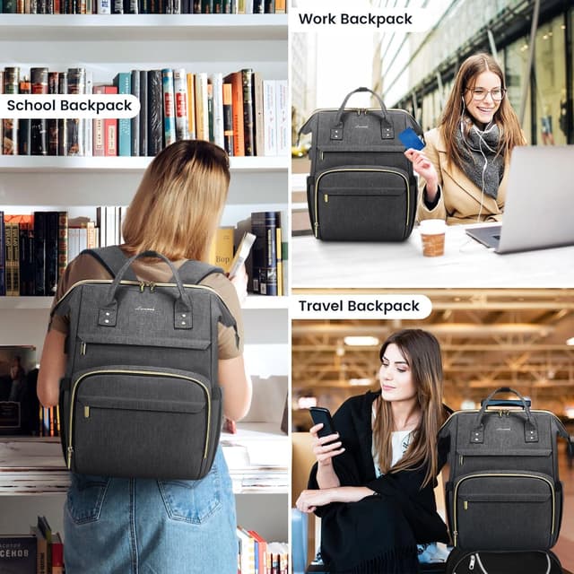 Detalle de LOVEVOOK Damen-Rucksack für Schule & Büro (wasserdicht) mit USB-Ladeanschluss – Dunkelgrau