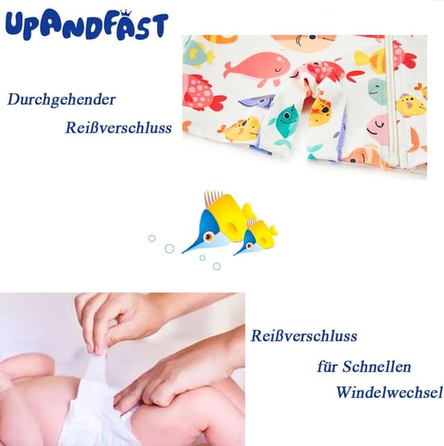 Detalle de upandfast Baby Badeanzug mit schrägem Reißverschluss und UPF 50+ Sonnenschutz