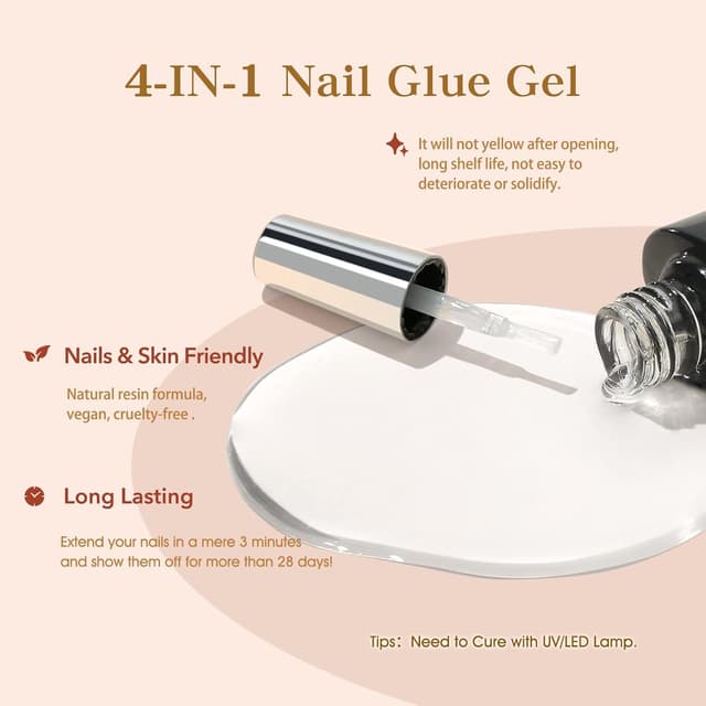 Detalle 2 de modelones Nagelkleber 6-in-1 Nail Glue Gel & Primer für Gelnägel (2 x 10 ml) – UV/LED für Nail Tips, Press-on & mehr