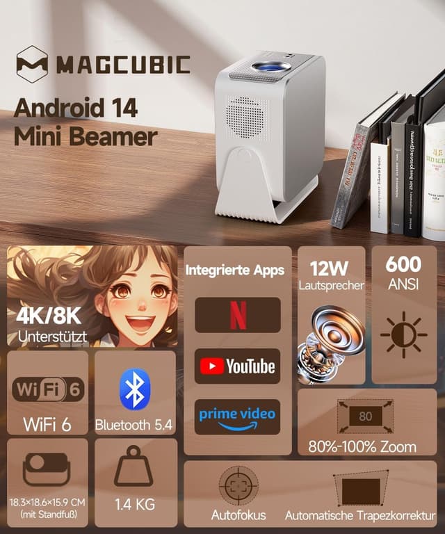 Detalle 2 de Magcubic Mini Beamer HY350MAX mit 4K und 8K, 180° Dreh