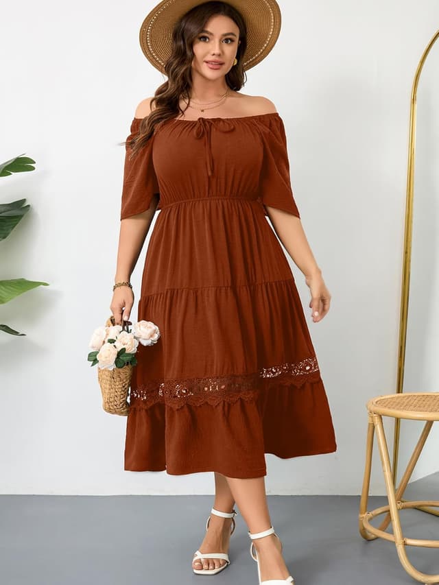 Detalle 2 de RWJ Women’s Plus Size Maxi Dress with Square Neck, Flutter Sleeves & Lace Trim