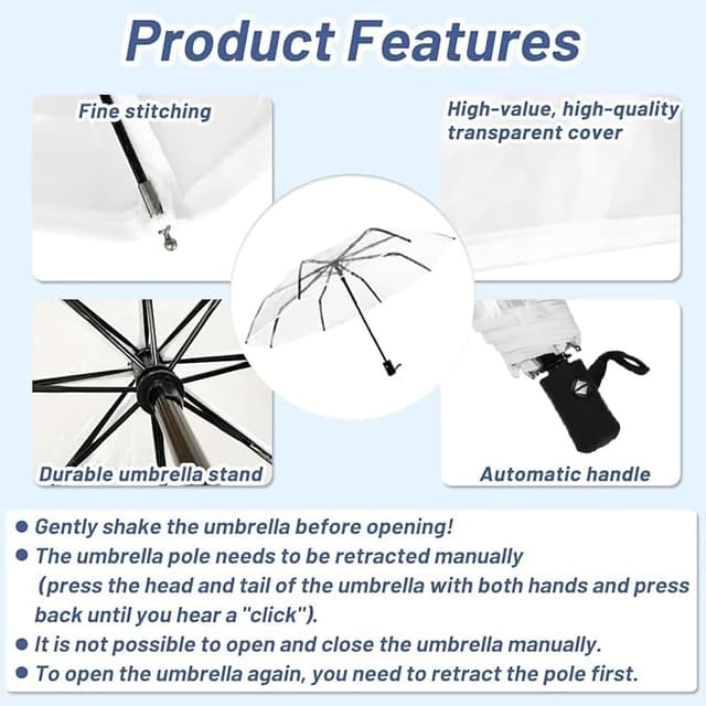 Detalle de VIPOPICO Clear Umbrella Automatic Open Close – Compact Travel Clear Umbrella with Frosted Handle