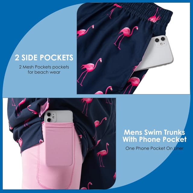 Detalle de XOMZG Men’s Swim Trunks with Mesh Lining, Quick-Dry Pockets & Hawaiian Patterns