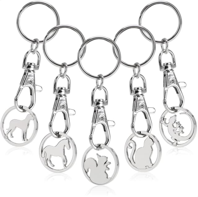 Detalle de com-four Portachiavi in metallo con moschettone e chip per carrello della spesa, 5 pezzi (motivi cavallo, gatto, cane, salamandra, scoiattolo)