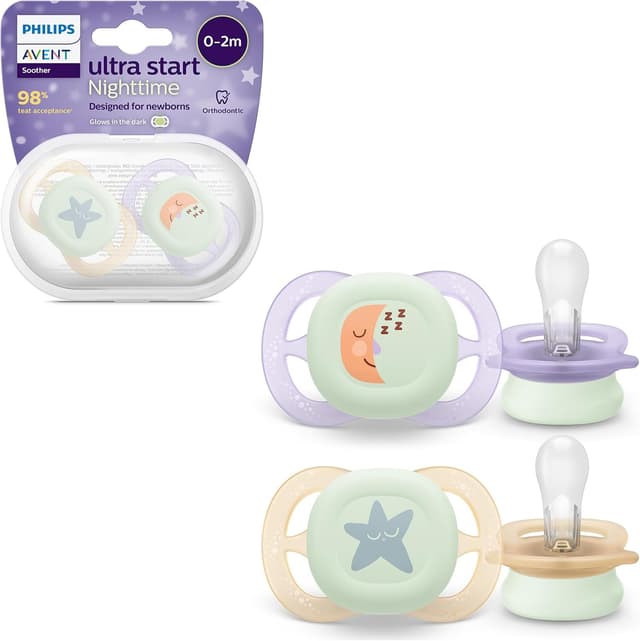 Detalle de Philips Avent Ultra Start Nighttime Soothers (SCF075/07) – Glow-in-the-dark orthodontic dummies, 2 pack