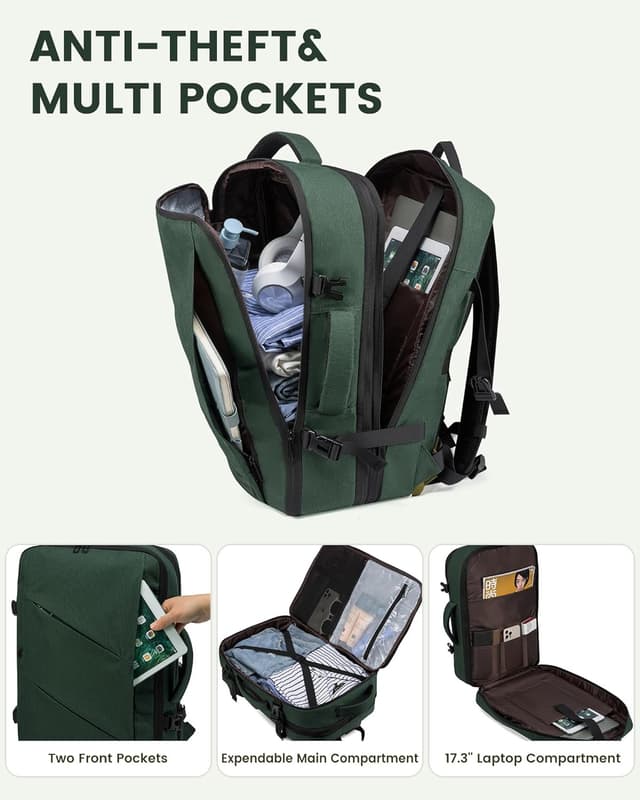 Detalle de LOVEVOOK Reiserucksack Handgepäck fürs Flugzeug – erweiterbar, Laptopfach bis 17,3 Zoll, dunkelgrün