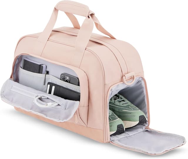 Detalle de Larkson Finja Medium Weekender donna e uomo rosa, borsa da viaggio con scomparto scarpe e materiale in PET riciclato