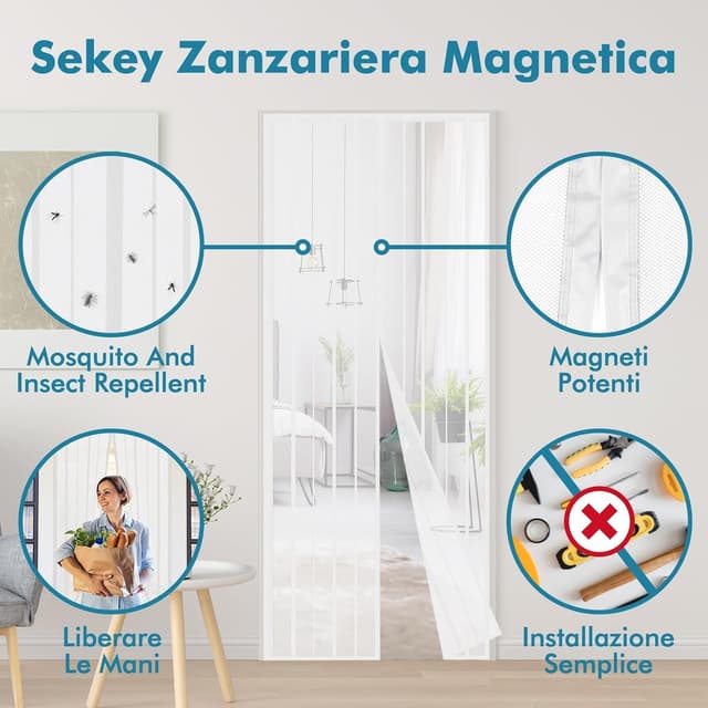 Detalle 2 de Sekey zanzariera magnetica 150x240 cm per porta, bianca (apertura e chiusura silenziosa)