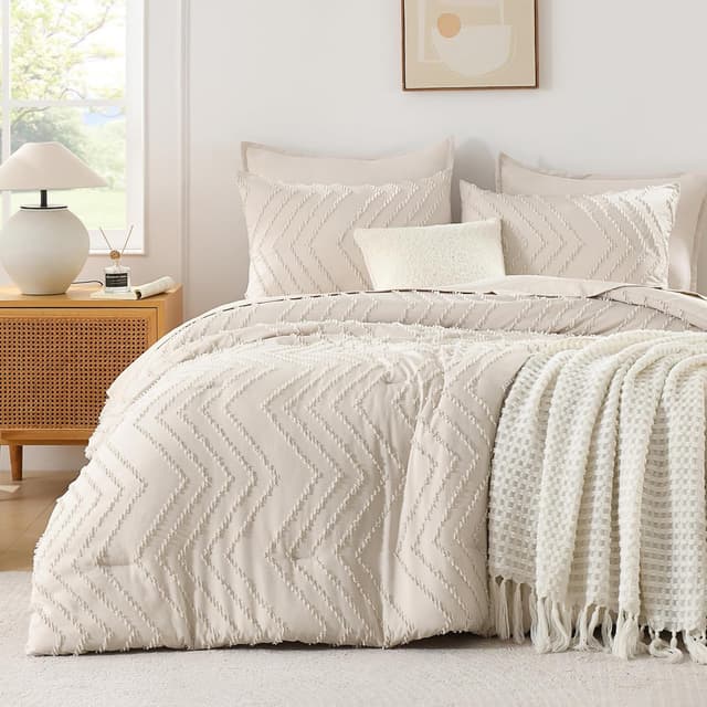 Detalle de Andency Queen Comforter Set Beige (Queen Size, 3-Piece Boho/Cream Neutral Bedding)