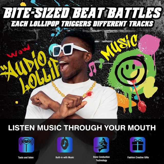 Detalle de AMOS Musik-Lutscher Audio Lollipop 4er-Set (Erdbeere, Traube, Blaubeere, Zitrone) – zuckerfrei, glutenfrei, einzeln verpackt