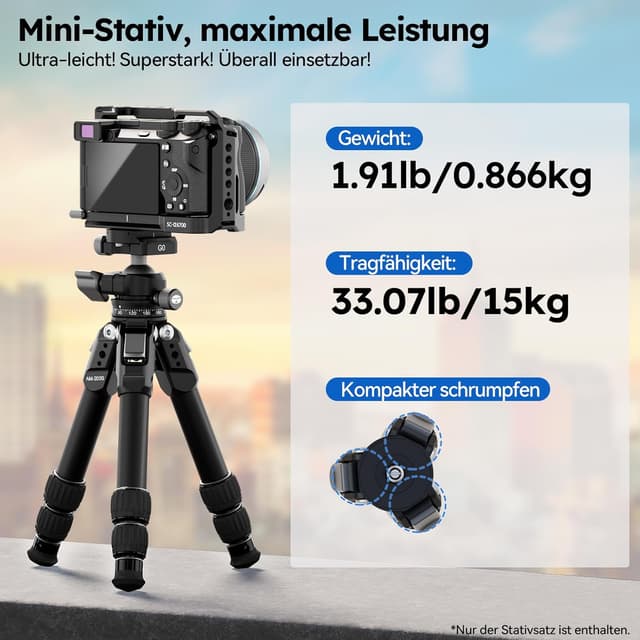 Detalle de SIRUI AM-203S Mini-Stativ aus Aluminium – Tischstativ mit flacher Kugelkalotte, 15 kg Traglast