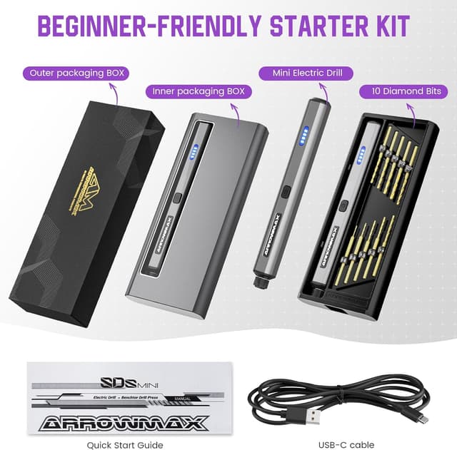 Detalle de ARROWMAX Mini penna trapano 13 in 1 ricaricabile con custodia in alluminio, 800 giri/min e 10 punte HSS