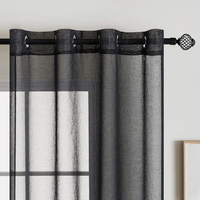 Detalle de EMEMA 2er-Set Sheer Voile-Gardinen mit Ösen, transparent, 140 x 225 cm (B x H), Schwarz