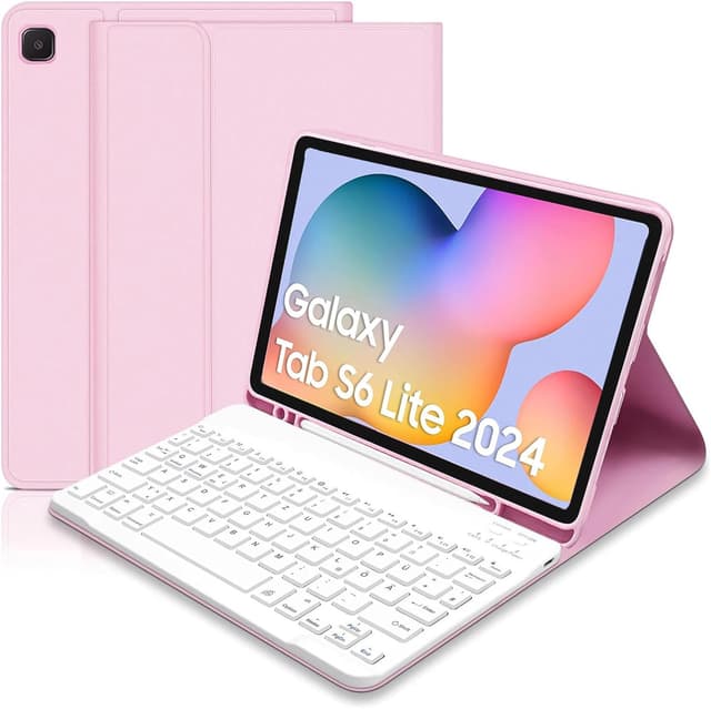 Detalle de COEZFE Hülle mit Tastatur für Samsung Galaxy Tab S6 Lite 10,4 Zoll (2024/2022/2020) in Rosa – mit Pencil-Halter und Bluetooth-QWERTZ