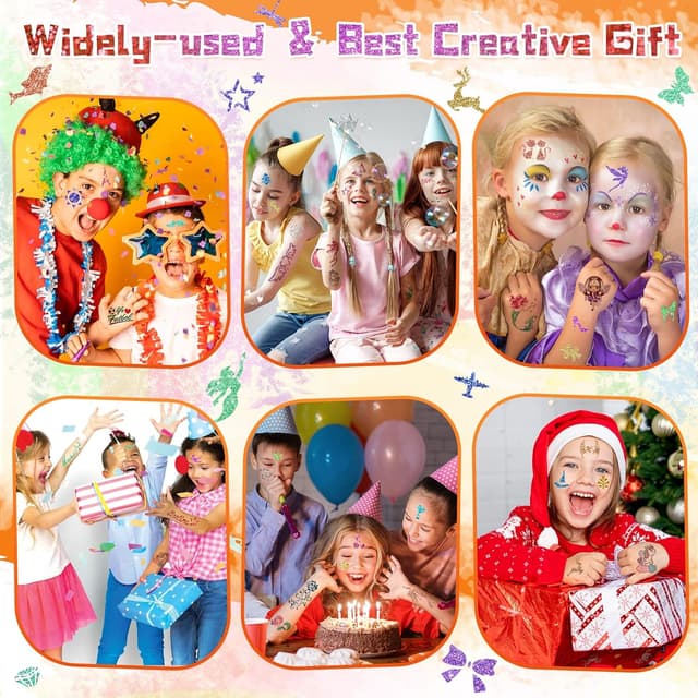 Detalle 2 de AUKZON Glitzer Tattoo Set Kinder – temporäre Glitzertattoos mit 24 Farben & 150 Schablonen