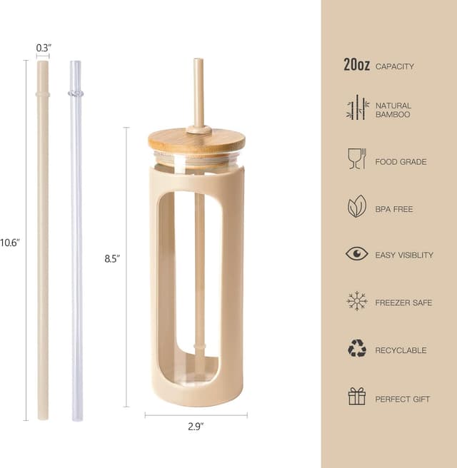 Detalle 2 de Kodrine 20oz Glass Tumbler with Straw and Lid, Bamboo Lid, Silicone Sleeve (BPA-Free)
