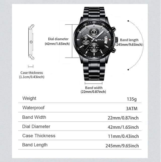Detalle de CRRJU Herren Chronograph Quarz-Uhr mit Kalender – wasserdichtes Edelstahlarmband im Business-Look