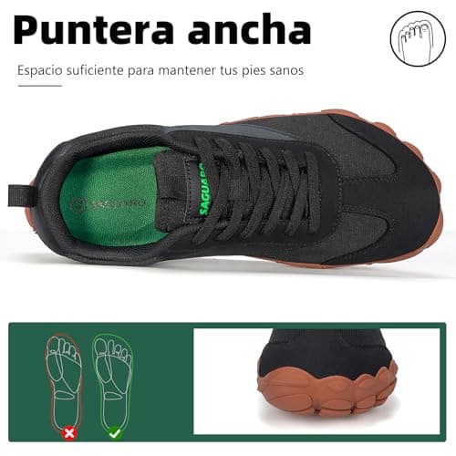 Detalle de SAGUARO zapatillas barefoot ligeras para mujer con puntera ancha y suela de caída cero (Negro, talla 41)
