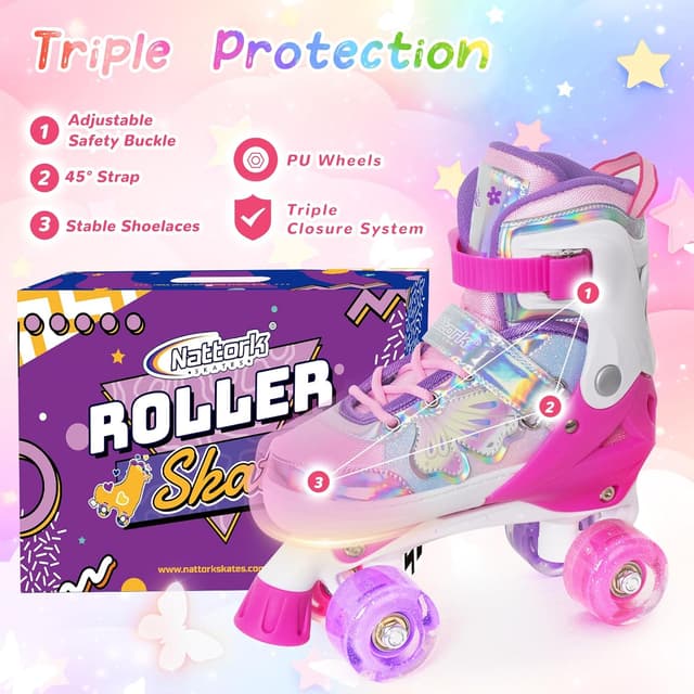 Detalle de Nattork Kids Roller Skates (Adjustable Quad Skates, 4 Sizes) with Light-Up Butterfly & Flower Wheels
