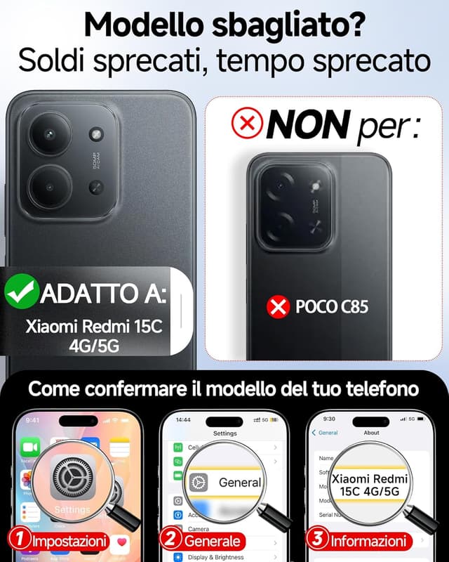 Detalle de LeYi Cover per Redmi 15C 4G/5G con vetro temperato (2 pezzi) e custodia ultra slim in TPU, protezione fotocamera, nero