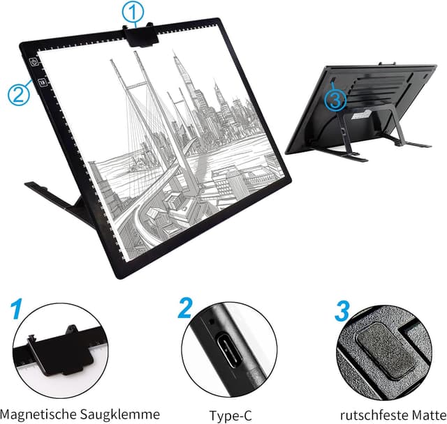 Thumbnail 6 de elice Leuchttisch A3 wiederaufladbar mit Ständer/Clip – LED-Lightpad für Diamond Painting, Zeichnen & mehr