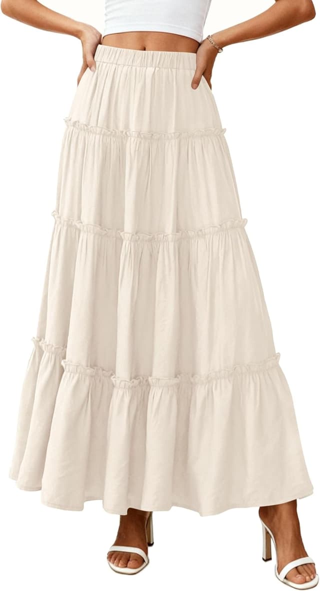 Detalle 2 de PRETTYGARDEN Boho Tiered Maxi Skirt for Women with Elastic Waistband & Side Pockets