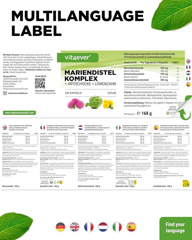 Detalle 2 de Mariendistel Artischocken Löwenzahn Komplex – 240 Kapseln (4 Monatsvorrat) mit 80% Silymarin & 2,5% Cynarin