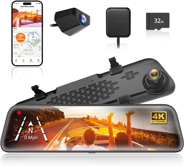 Detalle de WOLFBOX G840S 12" Spiegel-Dashcam mit 4K & Rückfahrkamera (5,8‑GHz WiFi) und GPS