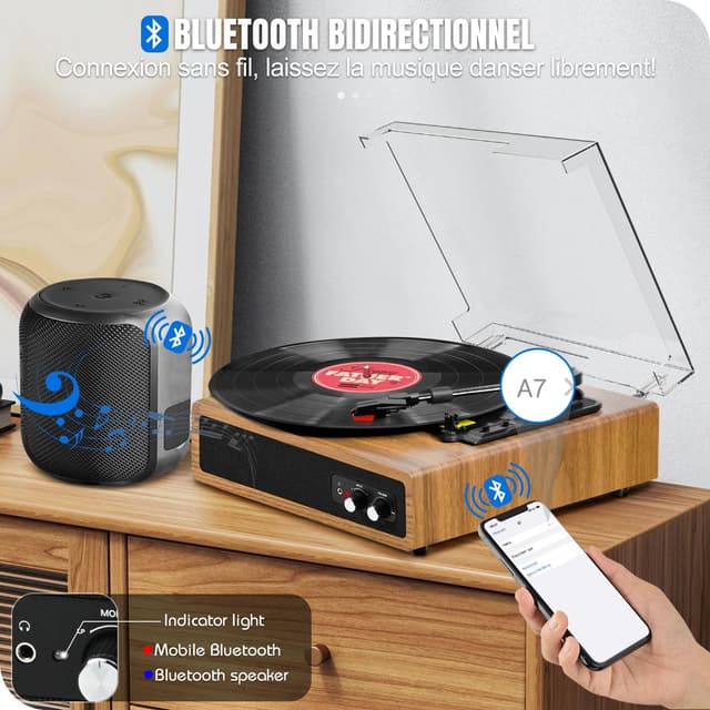 Detalle 2 de FYDEE Tourne-Disque Vinyle 3 vitesses avec Bluetooth