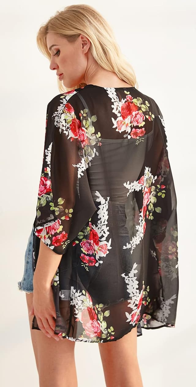 Detalle de Gosunny Damen Sommer-Top / Strandkimono im Boho-Look als Bikini-Cover-up (Oversize, Blumendruck)