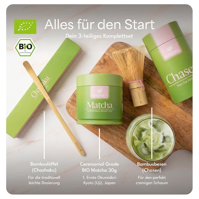Detalle 2 de BREKKY Matcha Set – Bio Grüntee aus Japan (Pulver, Bambusbesen & Chashaku) in Geschenkverpackung