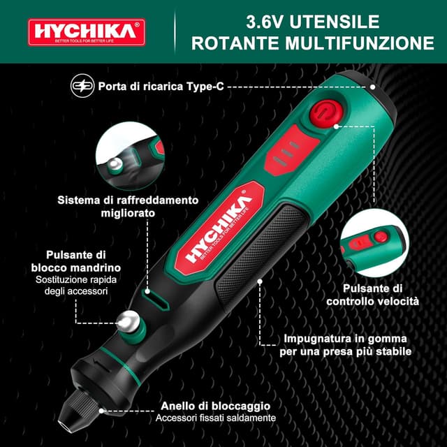 Detalle 2 de HYCHIKA Mini Trapano 3,6V con ricarica USB-C e 77 accessori per foratura, levigatura e incisione
