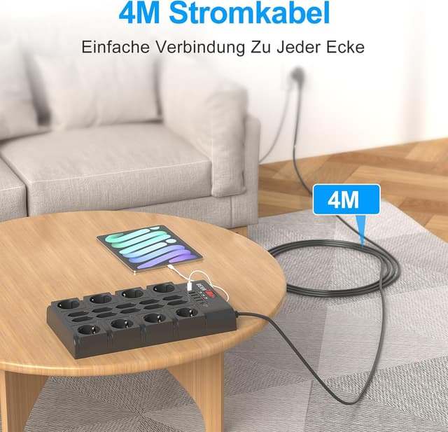 Thumbnail 6 de BEVA 18-fach Mehrfachsteckdose mit USB‑C und 4 m Kabel (3680 W/16 A) + 2100 J Überspannungsschutz
