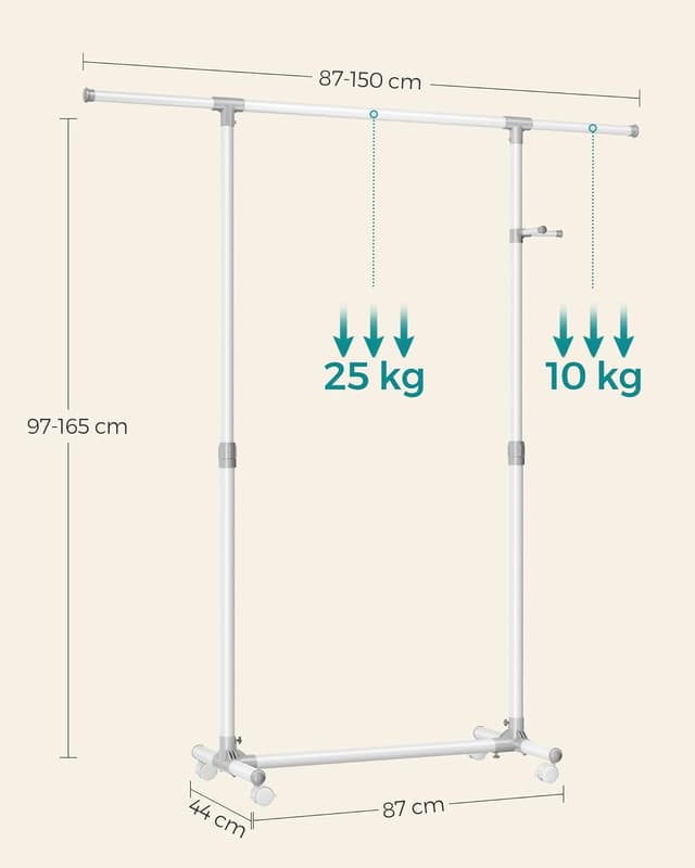 Detalle 2 de SONGMICS Stand Appendiabiti con ruote LLR001W01, altezza regolabile 97–165 cm e barra estensibile