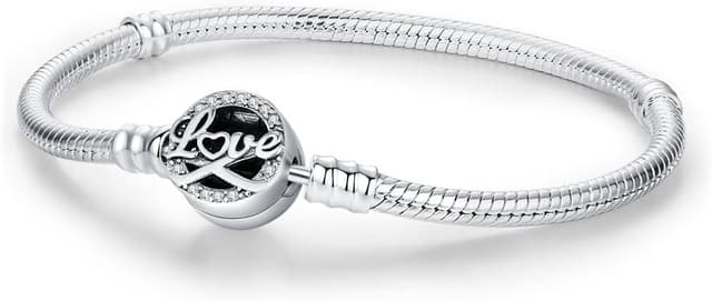 Detalle de KEQ Charm-Armband aus 925er Sterlingsilber für Pandora-Charms – Schlangenkettenarmband mit Zylinder-Verschluss