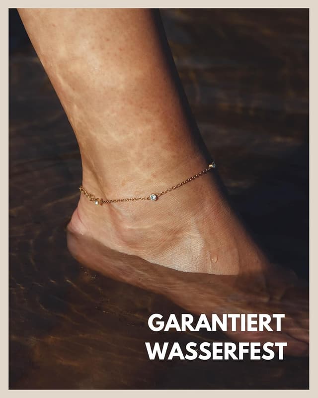 Detalle de Gd. GOOD.designs EST. 2015 Zirkonia-Fußkette für Damen – wasserfest, verstellbar (22–27 cm), Edelstahl 18K Gold & Silber