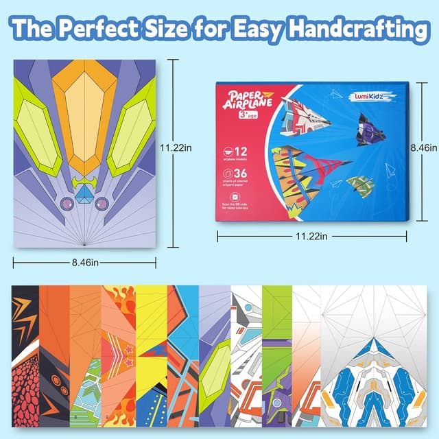 Detalle de Lumikidz Paper Airplane Origami Kit for Kids (Ages 8–12) — 12 Designs & 36 Colorful Origami Papers