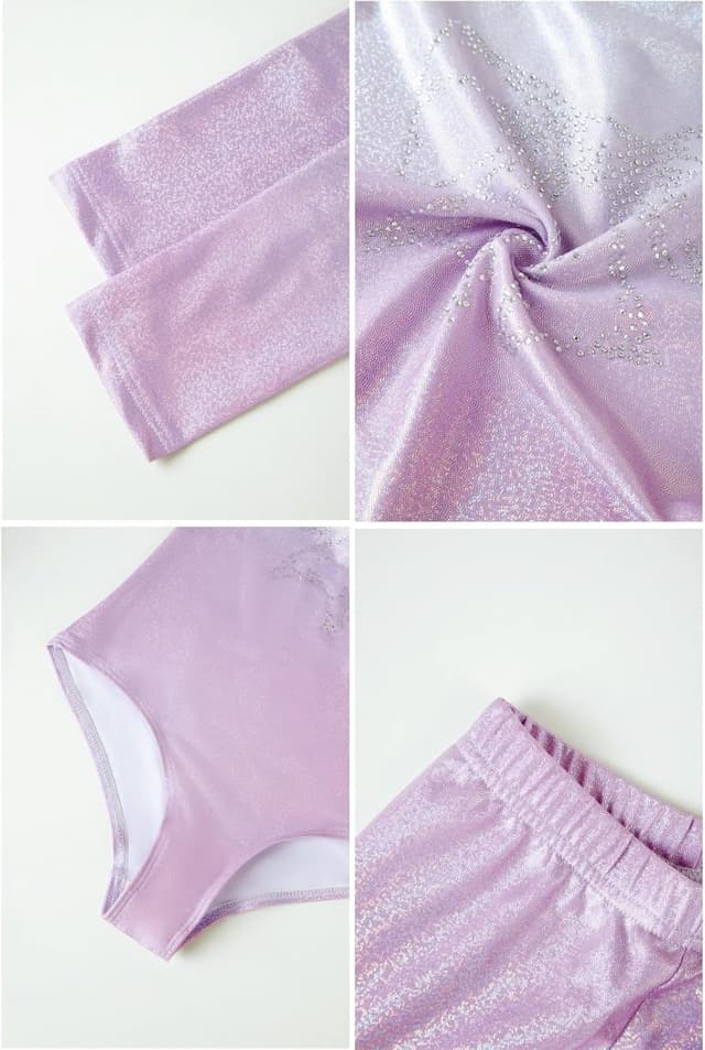 Detalle de Girls’ three-piece gymnastics leotard set with sparkling gradient design