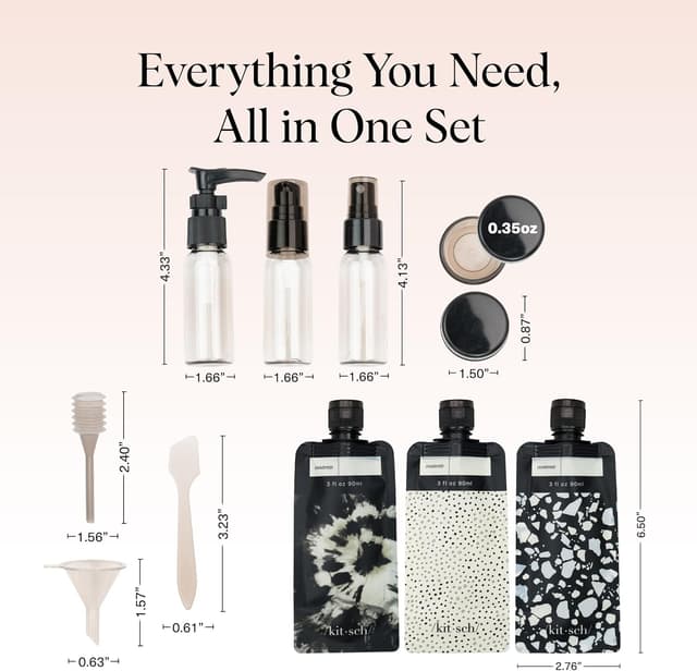 Detalle 2 de Kitsch 11 PCS Travel Bottles for Toiletries Travel Essentials Kit (Black & Ivory) – Leak-Proof Refillable Containers