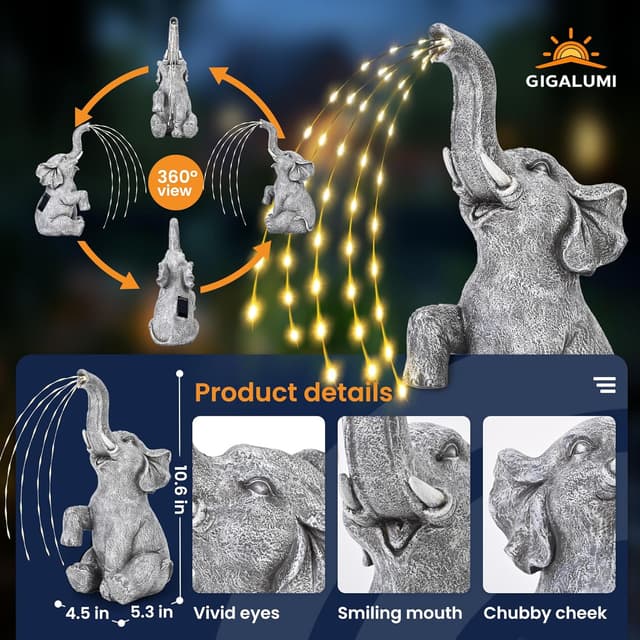 Detalle 2 de GIGALUMI Elephant Statue 27 cm solar LED
