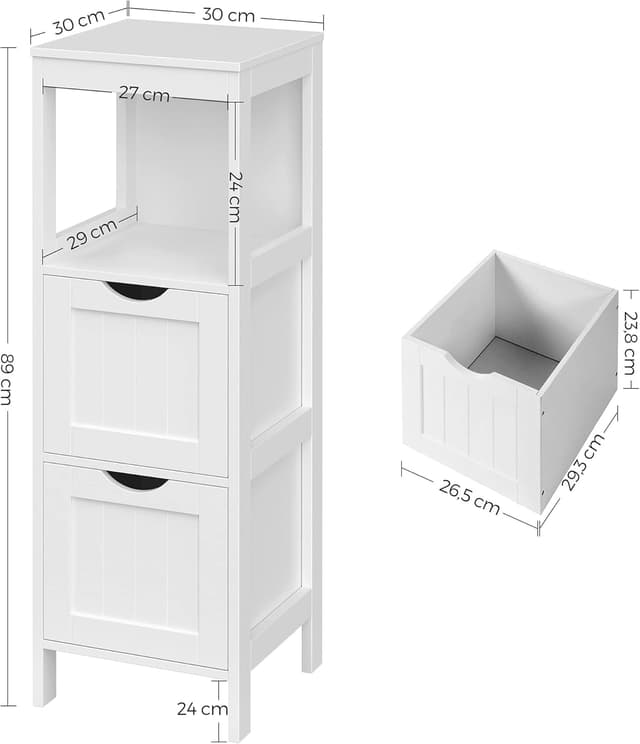 Detalle de VASAGLE Mobile da bagno bianco BBC42WT con 2 cassetti e ripiano aperto