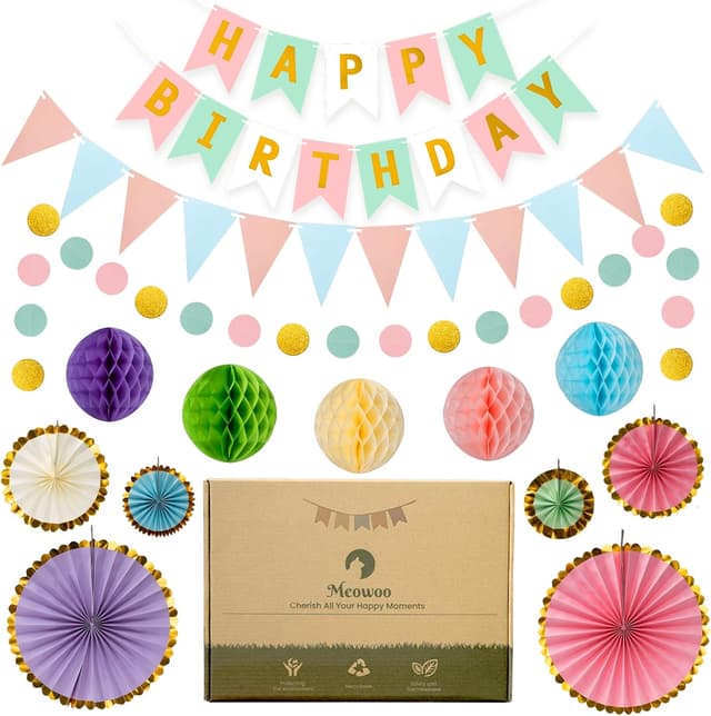 Detalle de Meowoo Geburtstagsdeko-Set mit „Happy Birthday“-Girlande, Wimpelkette, Macaron-Dekor aus Papier & Wabenblumen