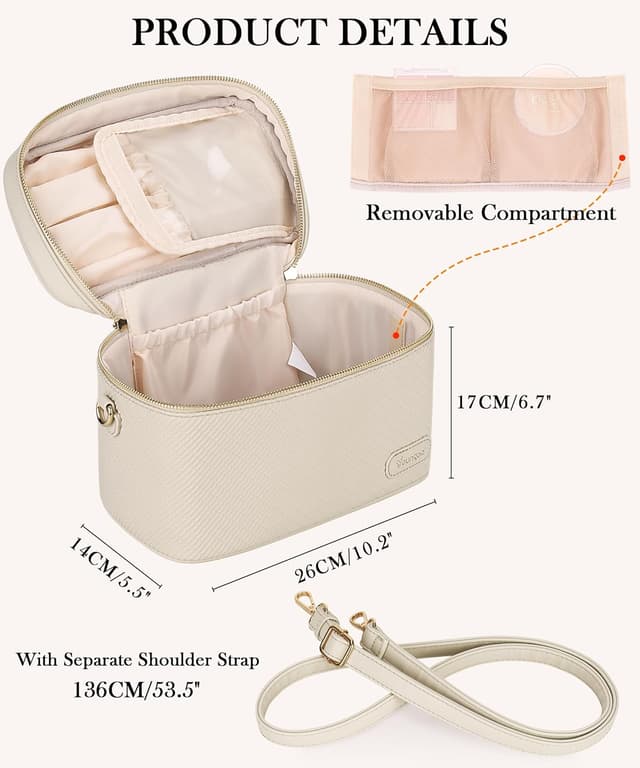 Detalle de Youngoa große Kosmetiktasche aus Ledergewebe für Damen (26 x 17 x 14 cm) – wasserdicht, mit herausnehmbarer Trennwand & Schultergurt