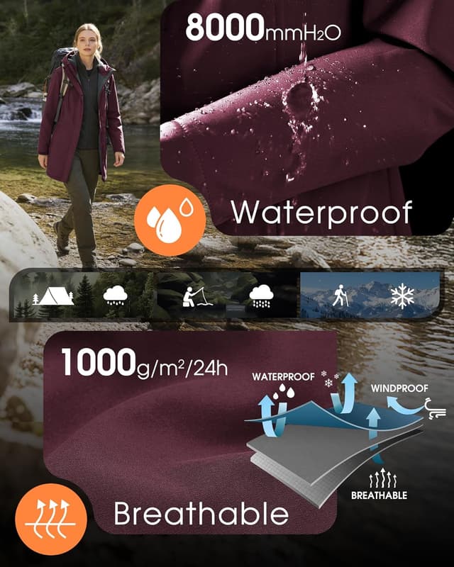 Detalle de 33,000ft Women’s Softshell Jacket with Hood – Waterproof, windproof fleece-lined long coat