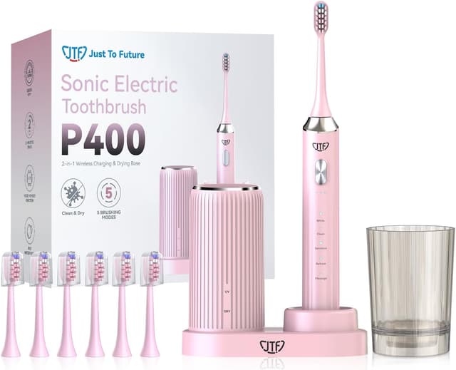 Detalle de JTF Brosse à dents électrique sonique avec station UV, 5 modes et 6 têtes de rechange (rose)