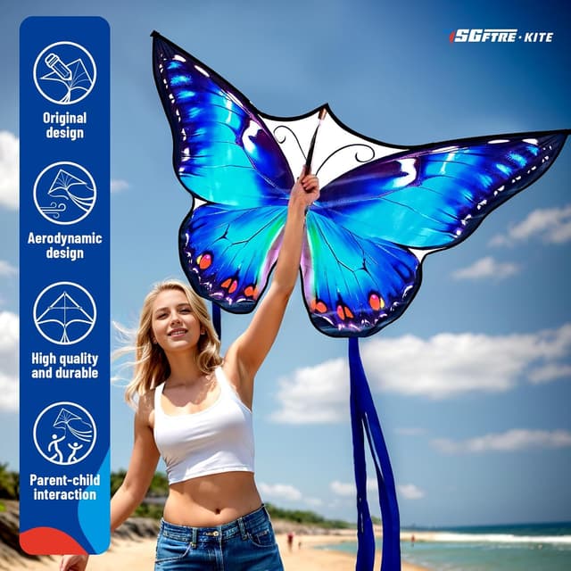 Detalle 2 de Schmetterlingsdrachen für Jungen & Mädchen: Moonlight Butterfly mit Schnur & Griff